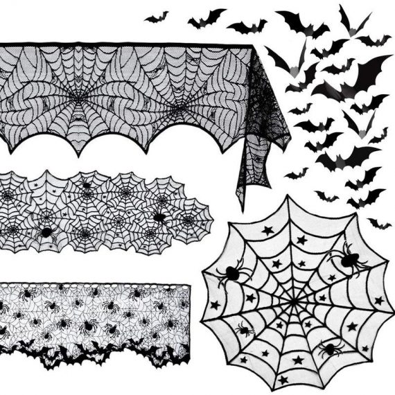 Ilovemilan - 5 set di decorazioni di ragno di Halloween - Sciarpa da camino di Halloween e tovaglia rotonda e runner da tavolo in pizzo e paralume a ILOVEMILAN 9123581149461 YZO54030XXH