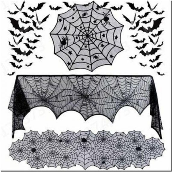 Ilovemilan - Set di 4 decorazioni per ragni di Halloween - Sciarpa per camino di Halloween e tovaglia rotonda e runner da tavola in pizzo e 60 pezzi ILOVEMILAN 9123581149485 YZO54032XXH