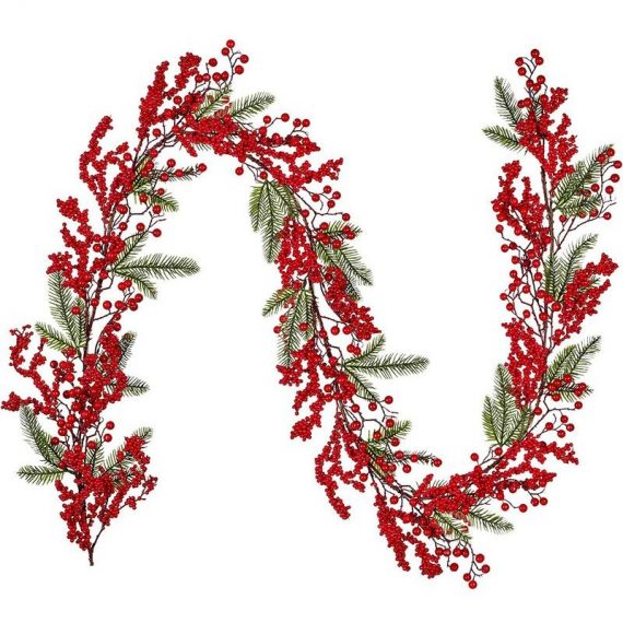 Ghirlanda di Natale con bacche rosse da 6 piedi, ghirlanda di piante artificiali con bacche rosse e steli di abete rosso per la mensola del camino THSINDE 9089663865660 9089663865660